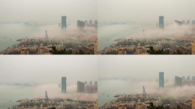 大连星海湾和君悦酒店平流雾如同仙境
