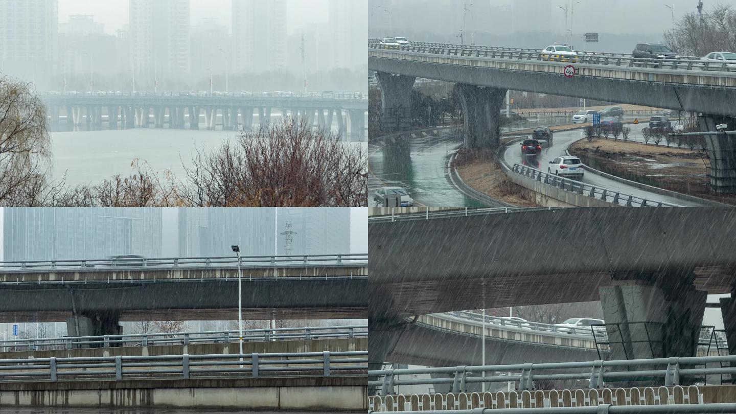 雨雪天气桥梁立交桥高架桥城市交通汽车车流