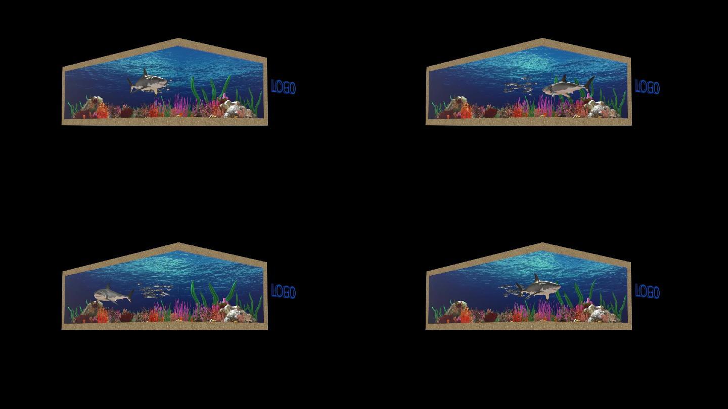LED直角屏鲨鱼撞碎鱼缸裸眼3D素材
