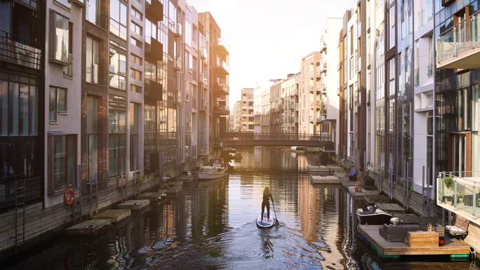 哥本哈根运河城市建筑快速发展航拍延时国外