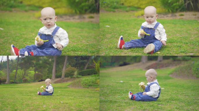 婴儿坐在草地上吃香蕉，婴儿吃水果。