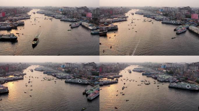 孟加拉国布里甘加河沿岸繁忙码头