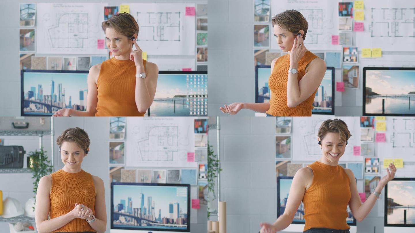 女建筑师站在办公室用无线耳机与客户交谈