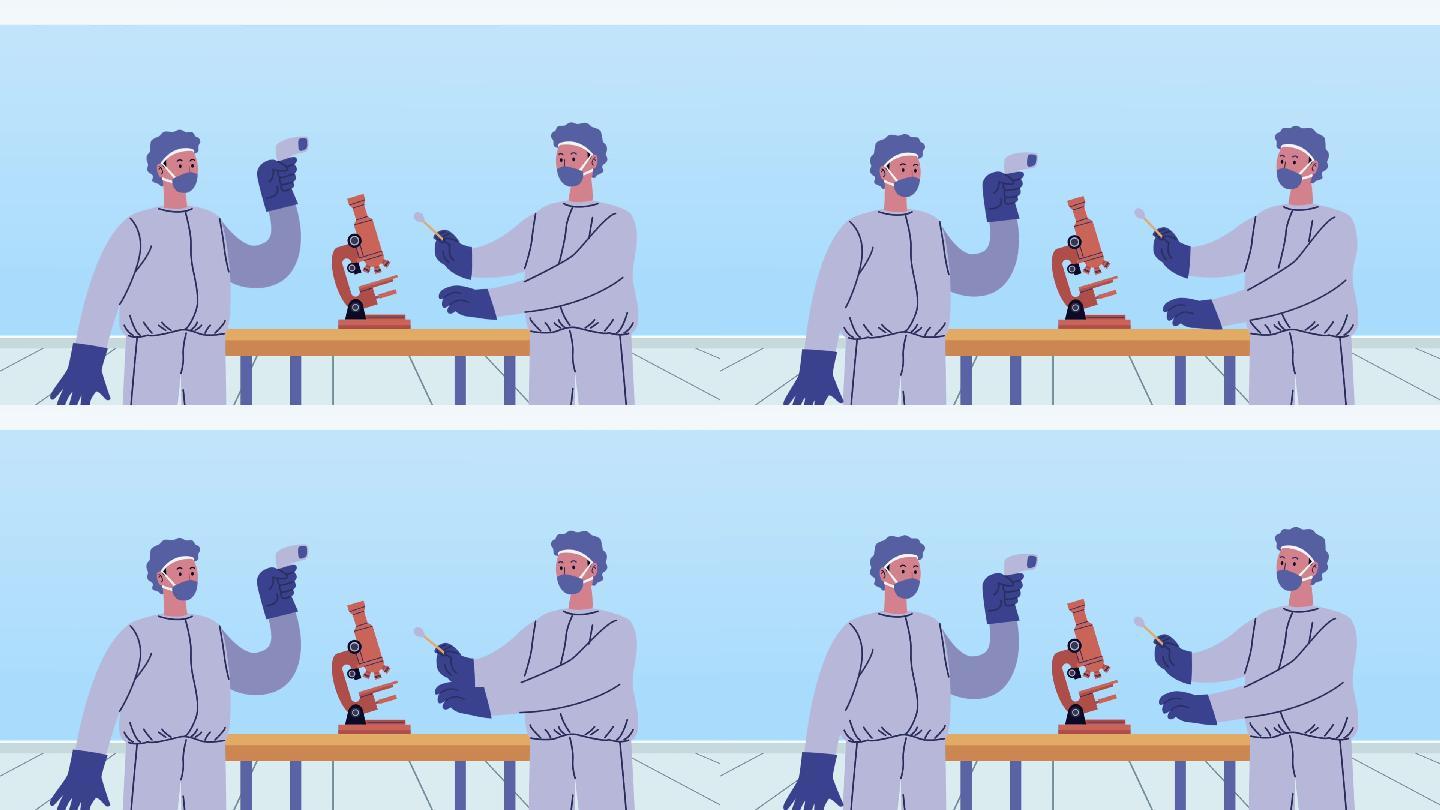 实验室动画中的显微镜和医护人员