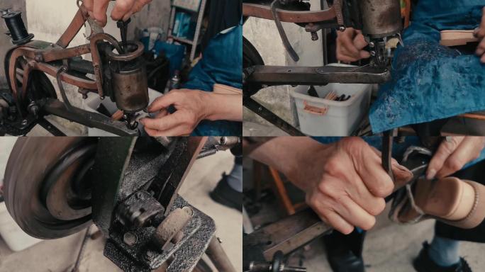 非文化遗产手工修鞋匠人修鞋机器