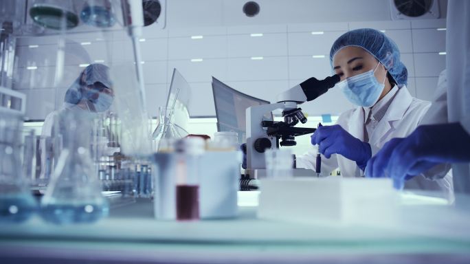 年轻的团队正在进行病毒实验室测试