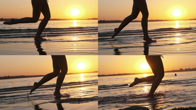 海边玩耍的人升格慢镜头脚步特写奔跑