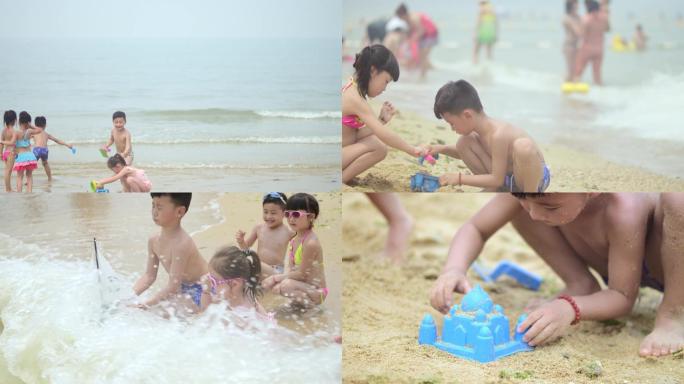 4K_孩子海边玩耍放风筝玩沙子