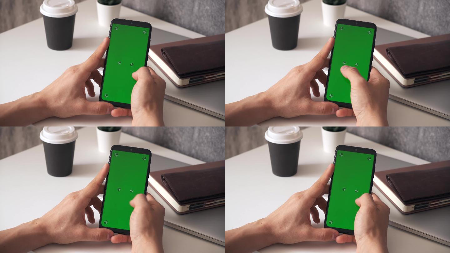 绿色屏幕手机的特写镜头。