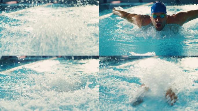 男子游泳运动员在游泳池游泳。