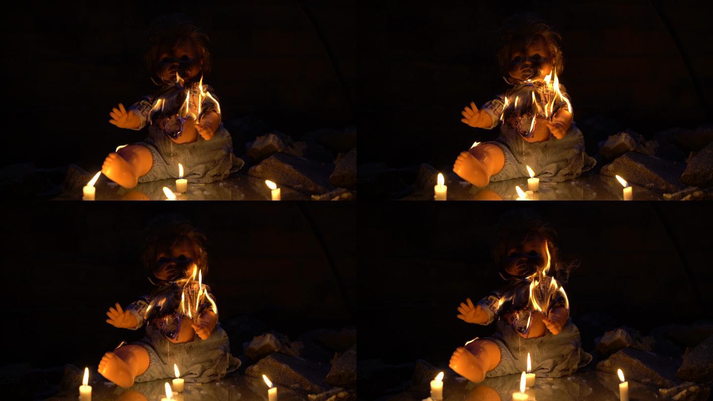 玩偶在黑暗中燃烧娃娃神秘鬼迷