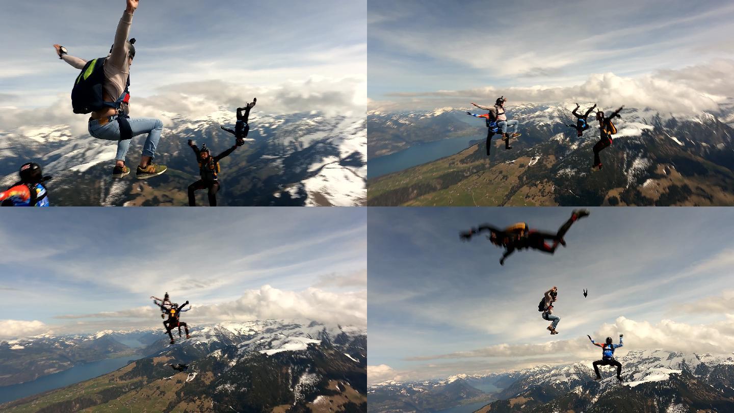 跳伞员翱翔在瑞士的山景之上