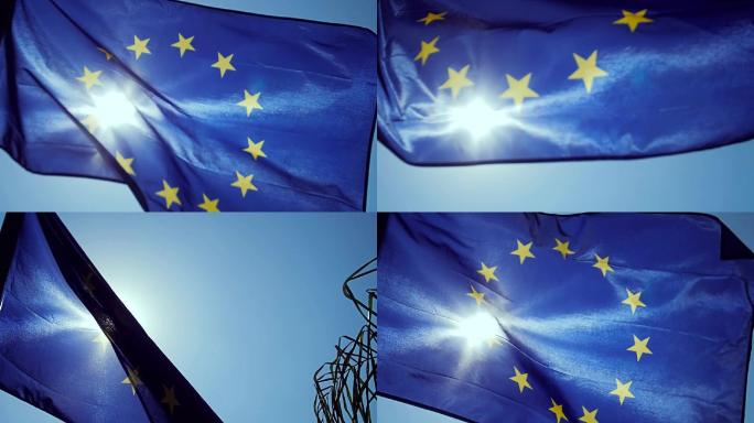 蓝天随风飘扬的欧盟国旗。