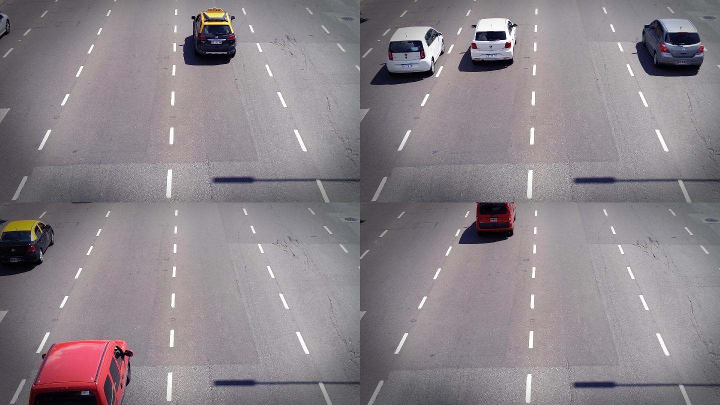 高速公路上汽车的高角度视图。