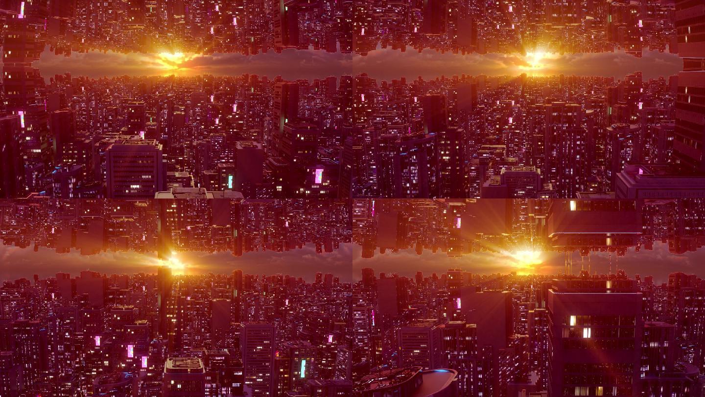 赛博朋克倒影城市黄昏穿梭都市楼宇科幻场景