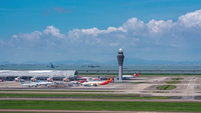 深圳宝安国际机场白天延时摄影空镜视频素材