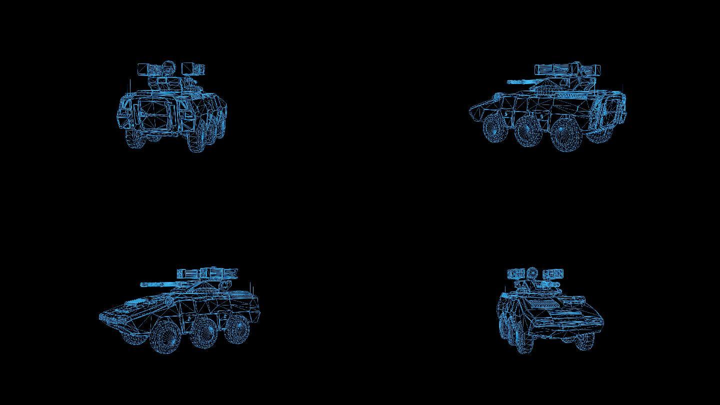 蓝色全息科技线框军用坦克动画带通道
