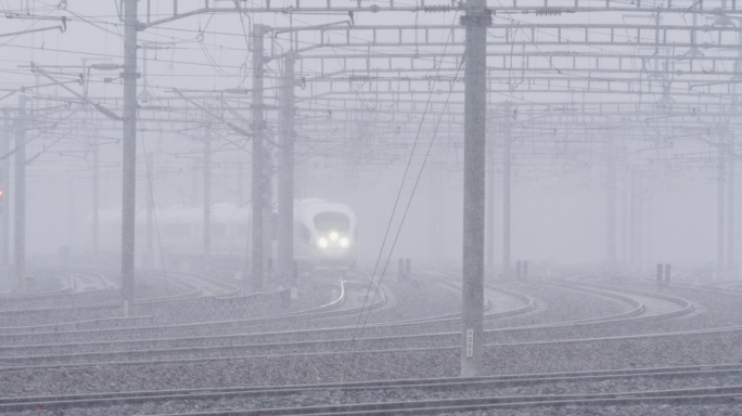 大雪高铁空镜，雪天火车下雪行驶和谐号北京