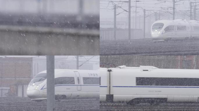 大雪高铁空镜，雪天火车下雪行驶和谐号北京