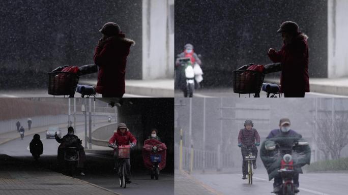 北京下雪，空旷街道骑车，打电话的老人