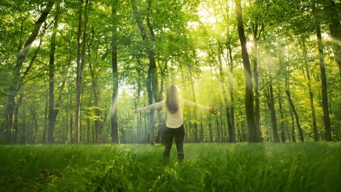 女子在阳光明媚的森林里做呼吸运动