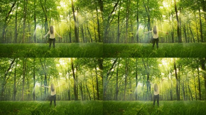 女子在阳光明媚的森林里做呼吸运动
