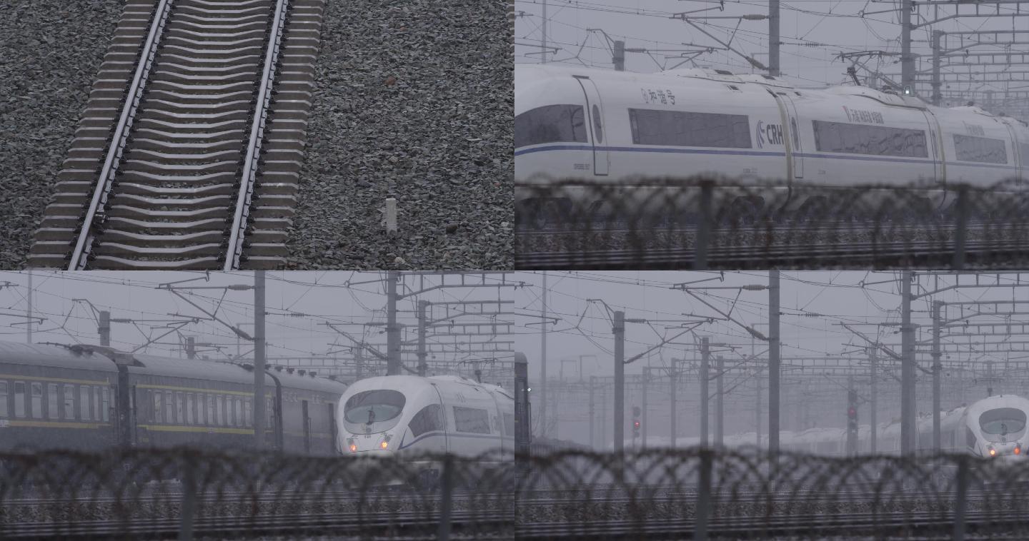 大雪北京火车，城市铁轨，下雪高铁春运