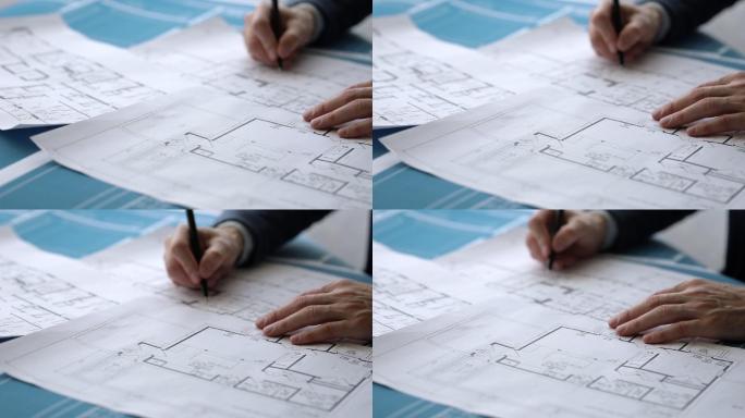 建筑师在施工图上做笔记