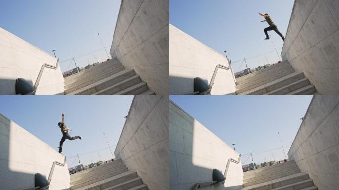 强壮的田径运动员在进行跑酷训练