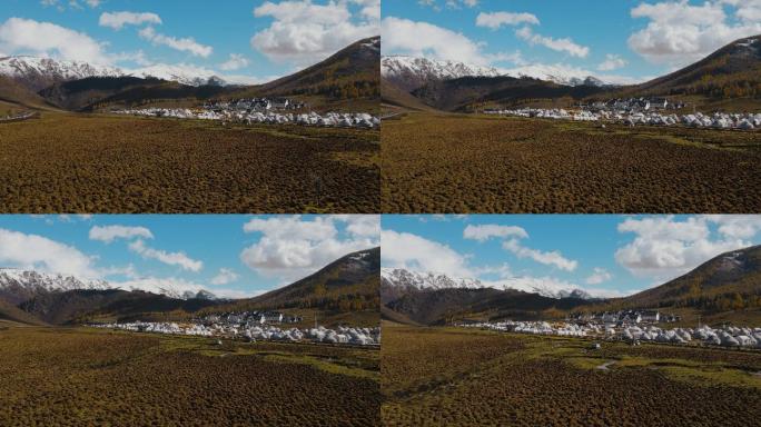 新疆喀纳斯秋季金秋小雪航拍4K素材0