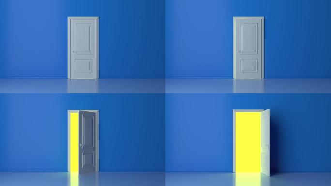 打开的白色门内的黄灯被隔离在蓝色背景上