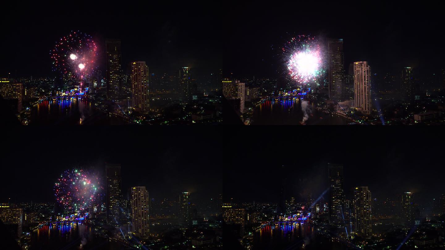 曼谷的城市景观夜空景色烟火彩色灯光秀烟火