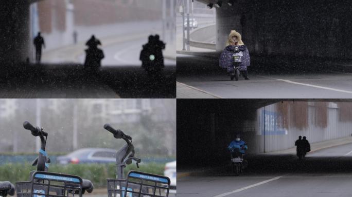 北京街景-疫情大雪行人-下雪骑车