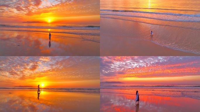 日出大海晚霞火烧云跑步的女孩航拍