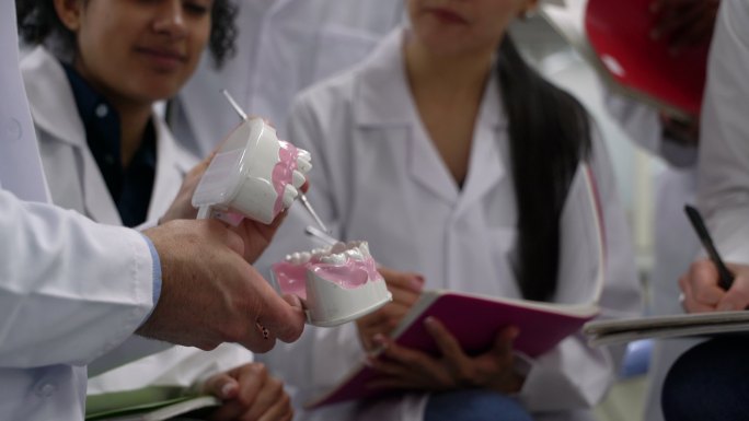 老师指着假牙的不同部位教学