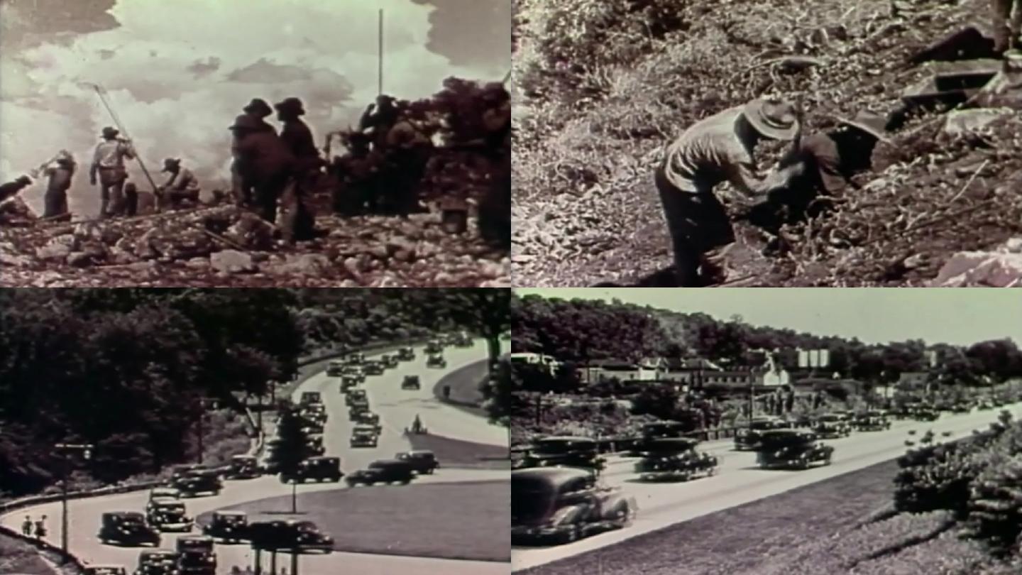 30年代工人修建公路交通车流