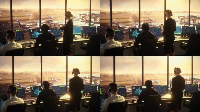 男女空中交通管制员在机场塔台上交谈