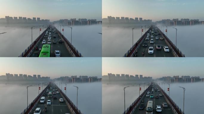 泸州航拍长江大桥平流雾