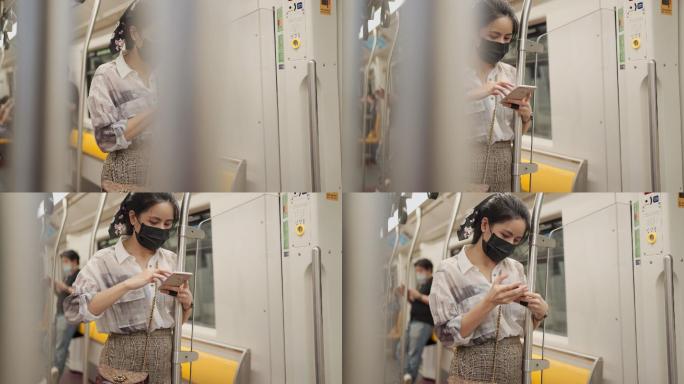 女孩戴着口罩乘坐地铁