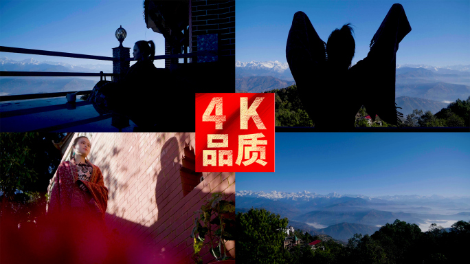 美女旅游早餐度假望向远处雪山旅拍宣传4k