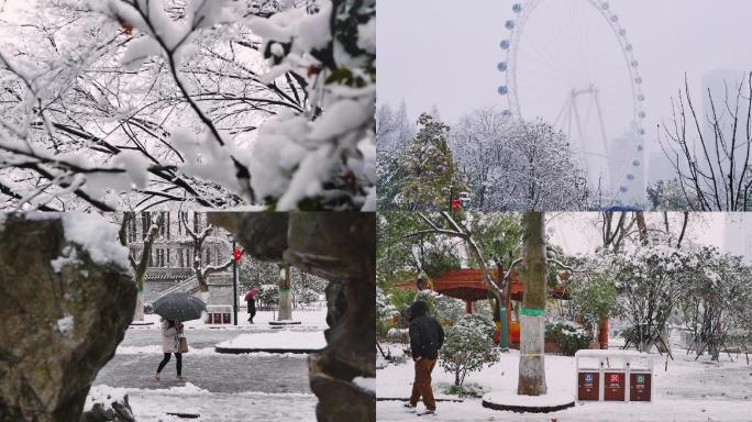 大降温下雪雪景倒春寒降温城市雪景