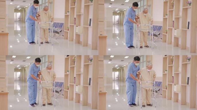 护士照顾拄着拐杖或助行器的老年男子