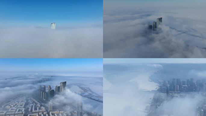 哈尔滨第一高楼富力中心闪耀冰城云海平流雾
