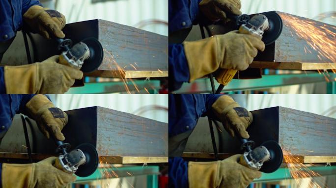 一个金属工人用角磨机切割一块金属。