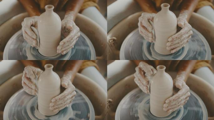 女性在陶艺工作室制作粘土花瓶