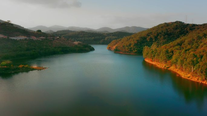 4K厦门溪美水库夕阳 风景 自然航拍