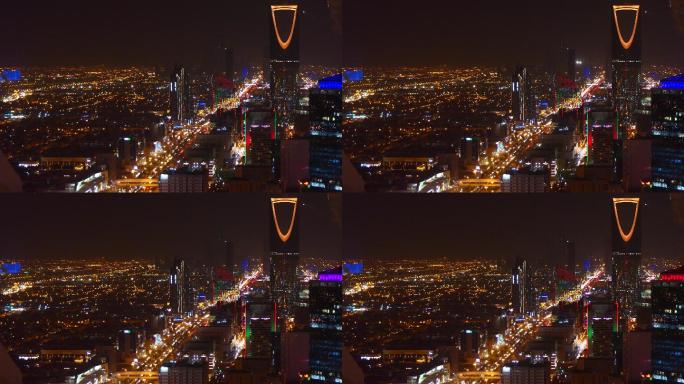 俯瞰利雅得市全景沙特地标中东都市夜晚灯光