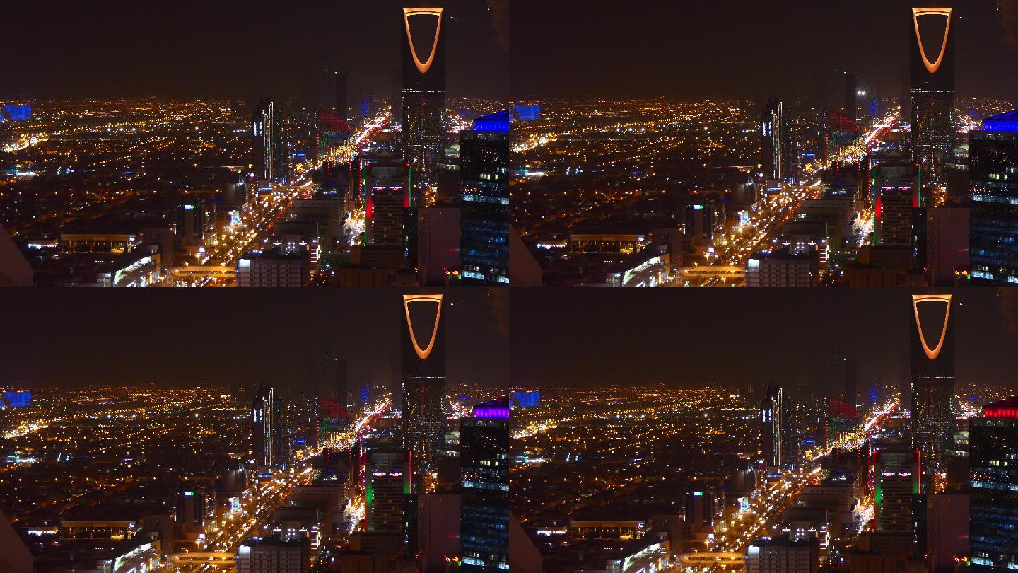 俯瞰利雅得市全景沙特地标中东都市夜晚灯光