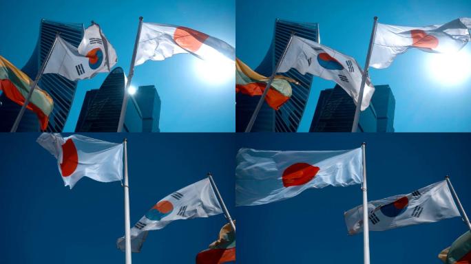 旗杆上的日本和韩国国旗