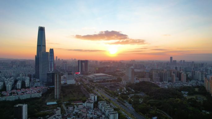 航拍东莞城市夕阳